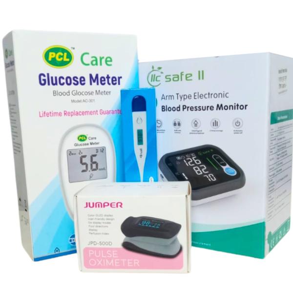 Health Checkup Package for Home (Digital BPMachine + Thermometer + Glucose Meter + Pulse Oxymeter))