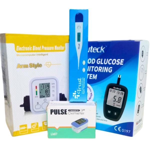 Basic Healthcare Package (Blood Pressure Monitor + GlucoMeter + Pulse Oxymeter + Thermometer)